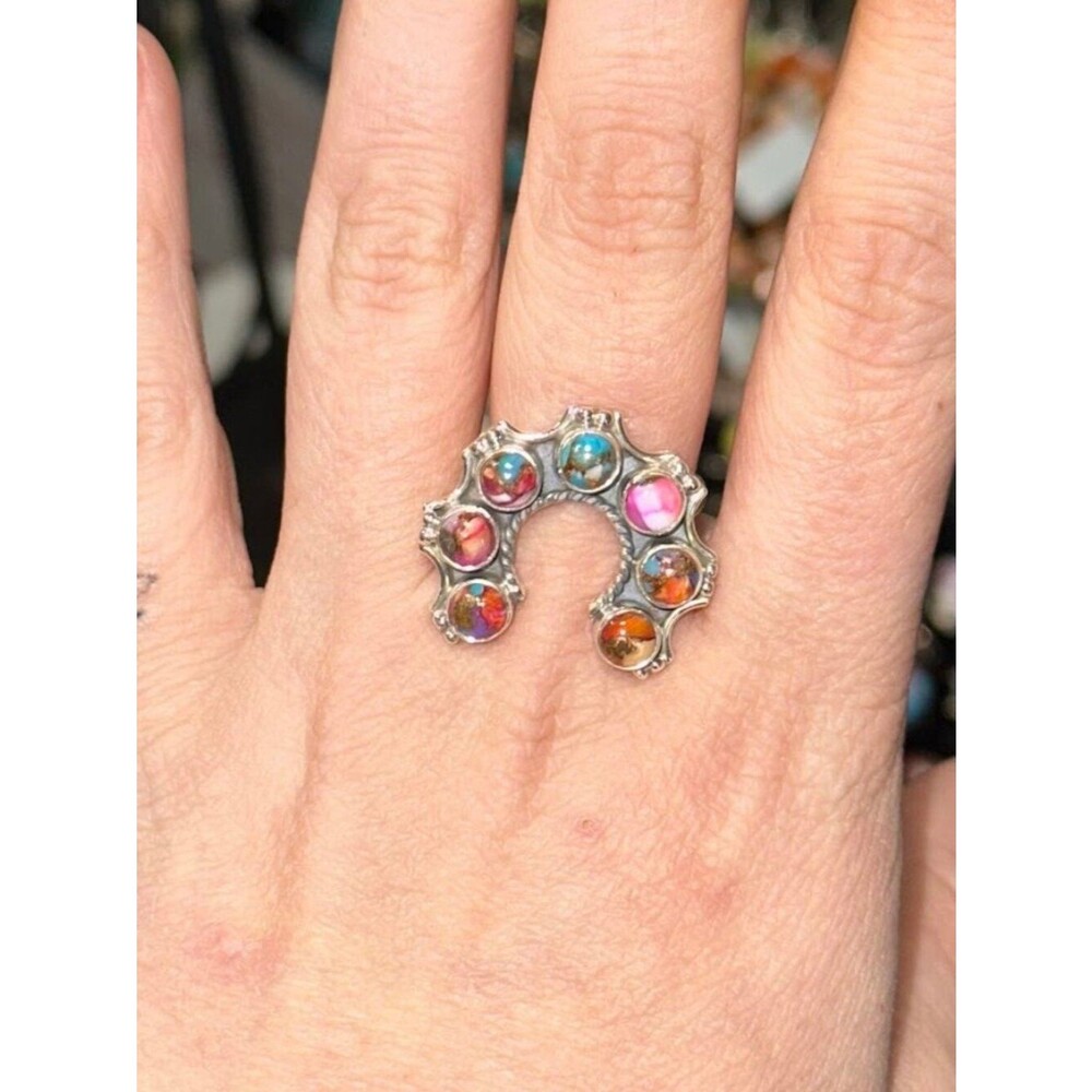 Pink Dahlia Turquoise Naja .925 Sterling Silver Bypass Ring Size 9